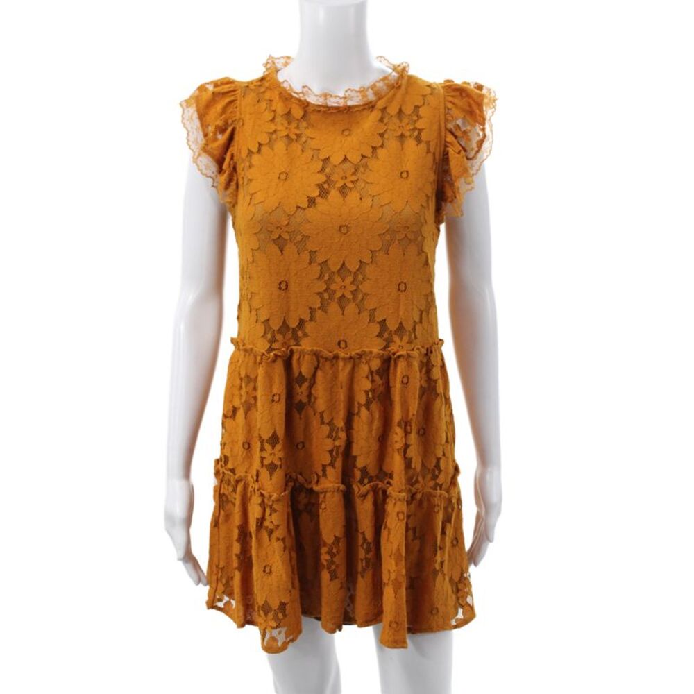 Blue Tassel Womens Yellow Floral Mini Dress Short Sleeve Round Neck Size XS